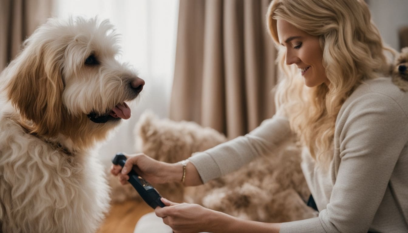 Labradoodle trimmen, een vrouw trimt zorgvuldig de vacht van haar Labradoodle thuis.