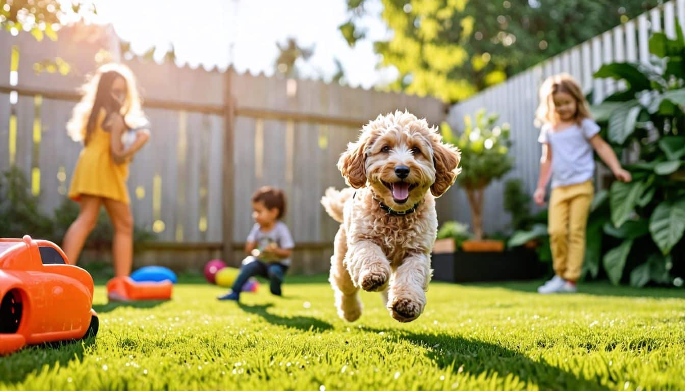 Een gelukkige Labradoodle speelt in een ruime achtertuin met een familie.