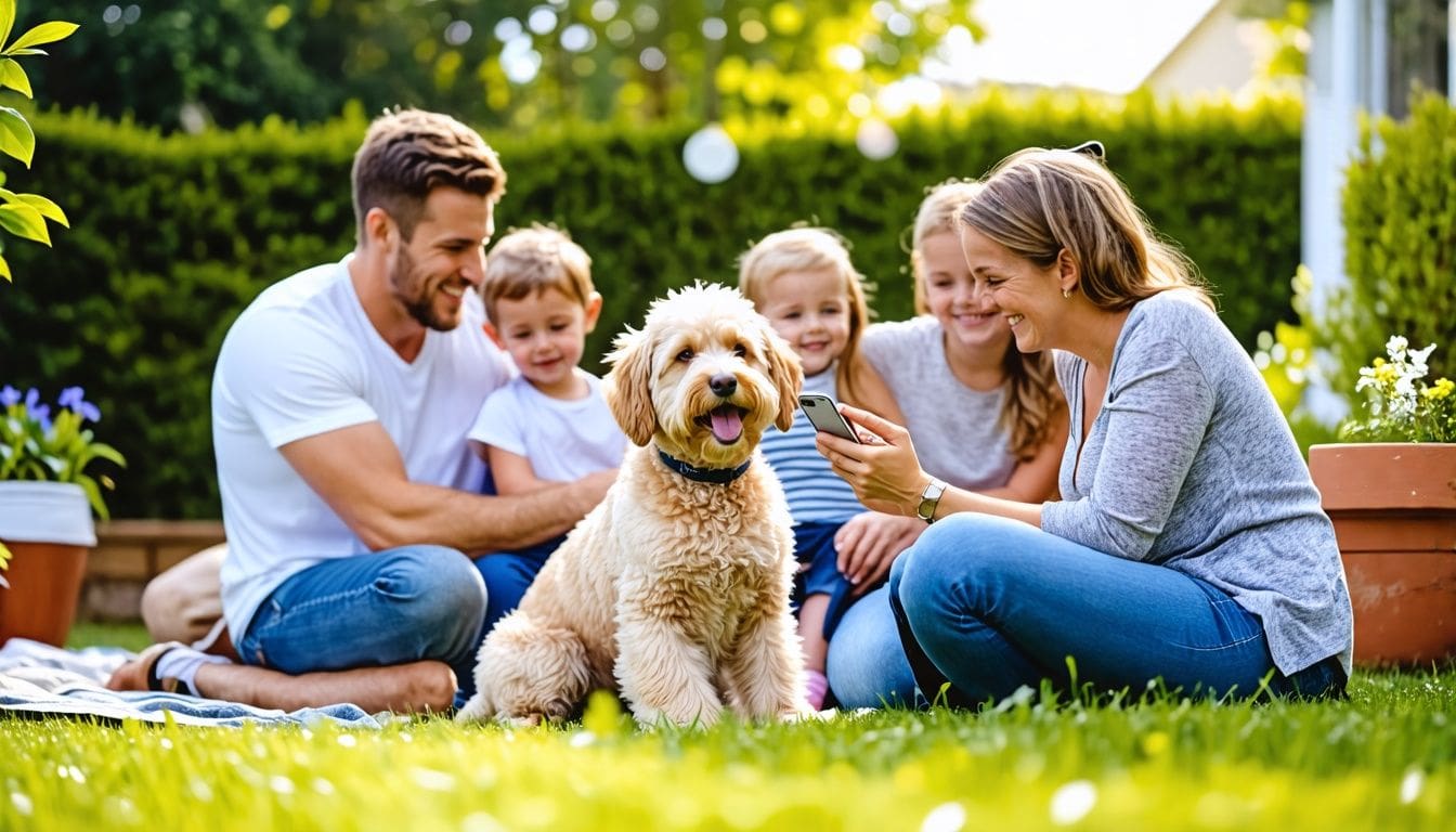 Een gelukkige familie ontspant in de achtertuin met huisdieren.