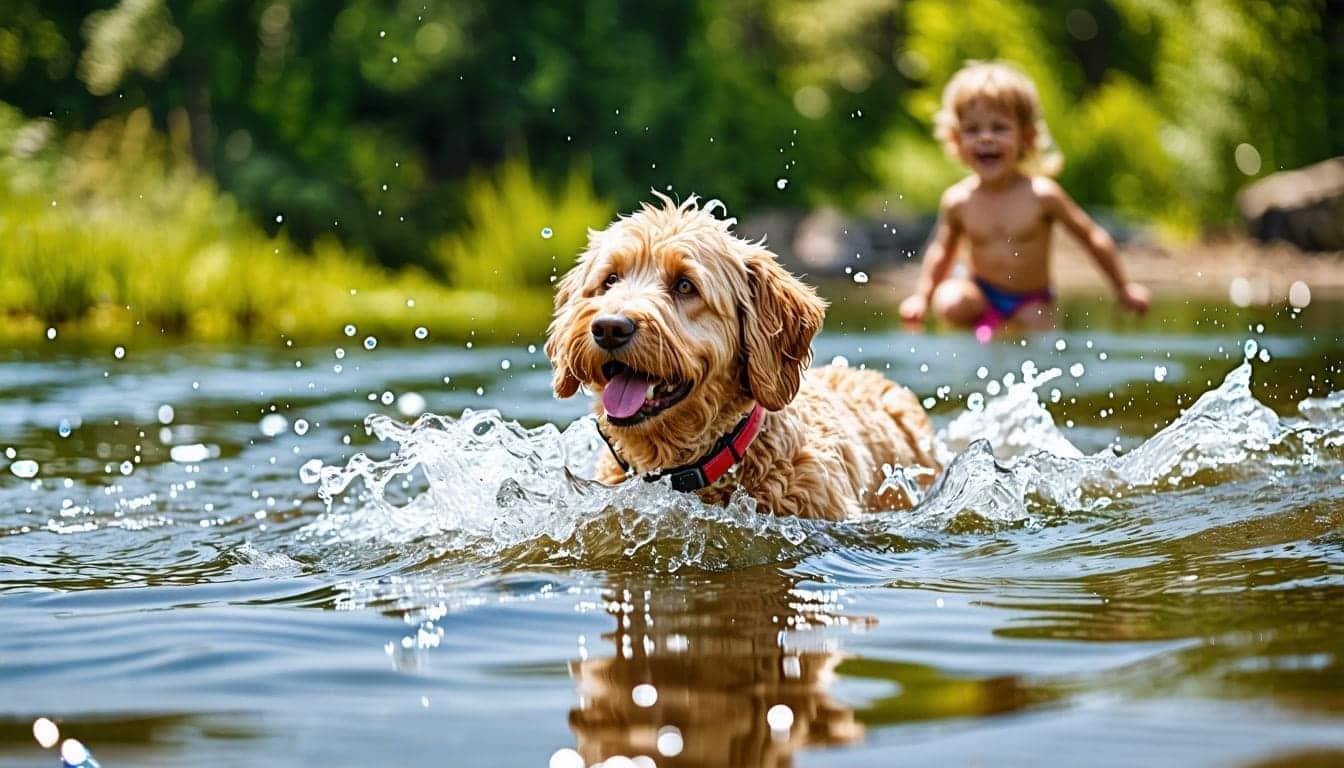 Een Labradoodle zwemt in een natuurlijk meer met een kind.