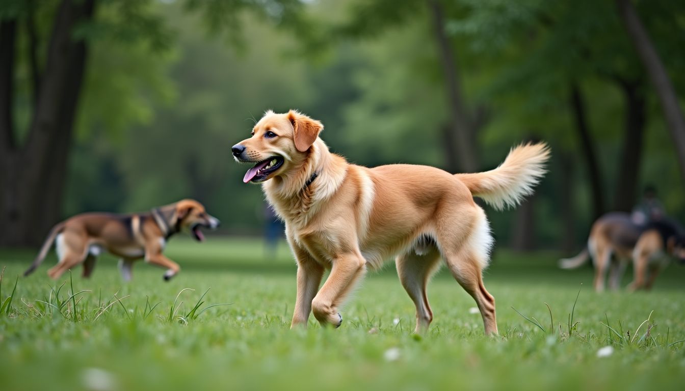 Een teefje in de hitte trekt mannelijke honden aan in het park.
