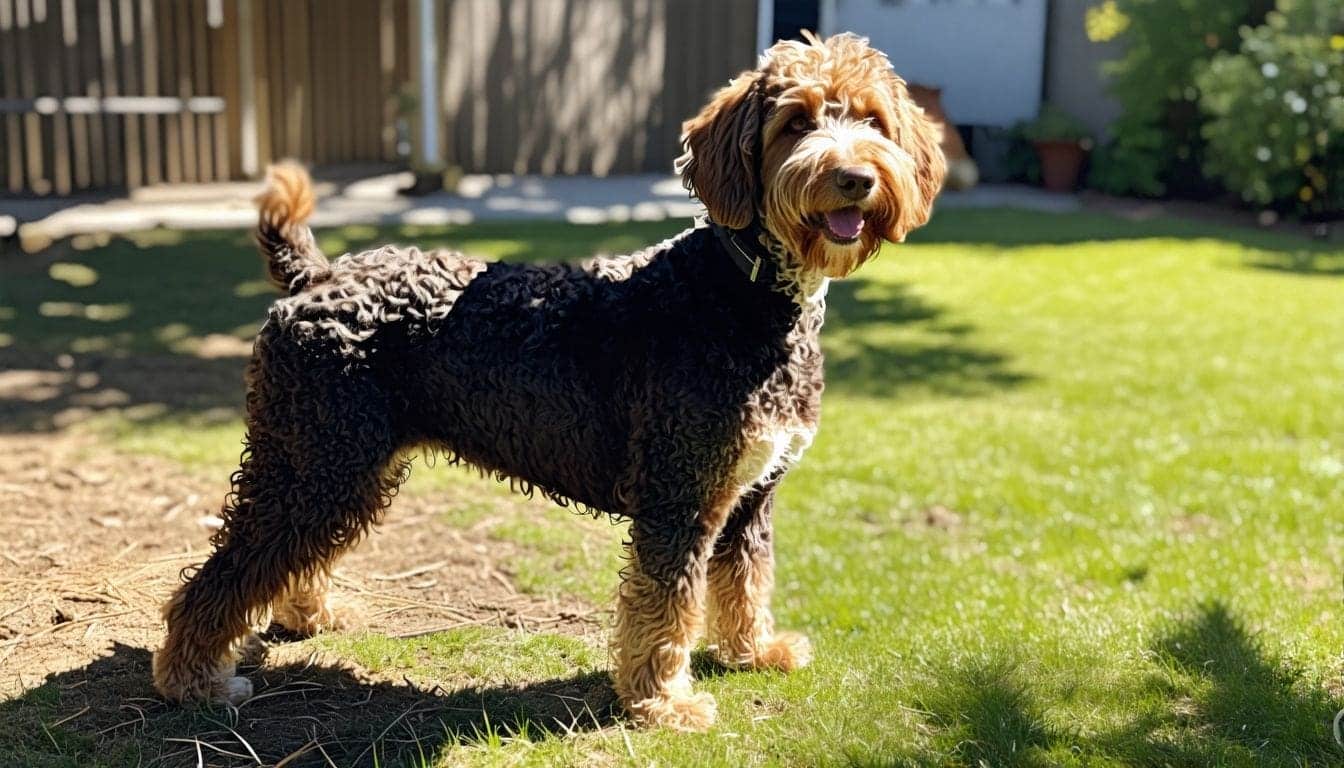 Een Australische Labradoodle staat in een rustieke achtertuin.