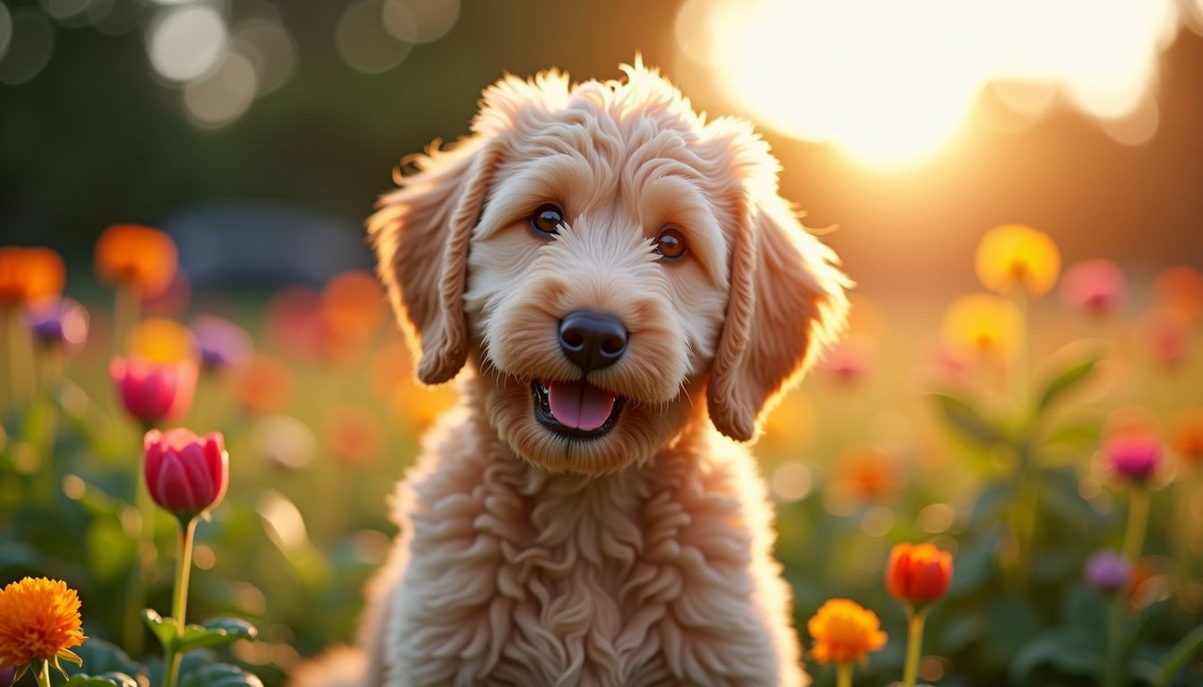 Een Labradoodle zittend in een zonnige tuin vol bloemen.