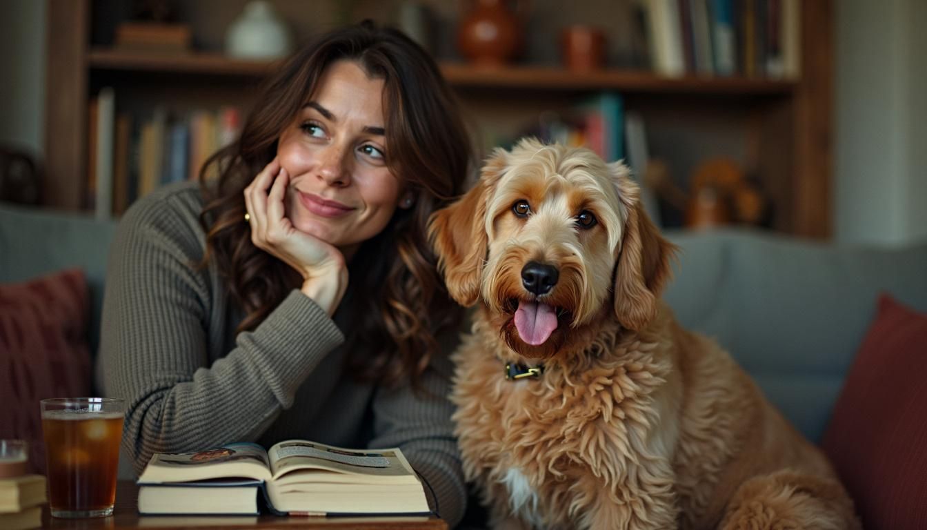 Een vrouw kiest een naam voor haar Labradoodle in een gezellige kamer.