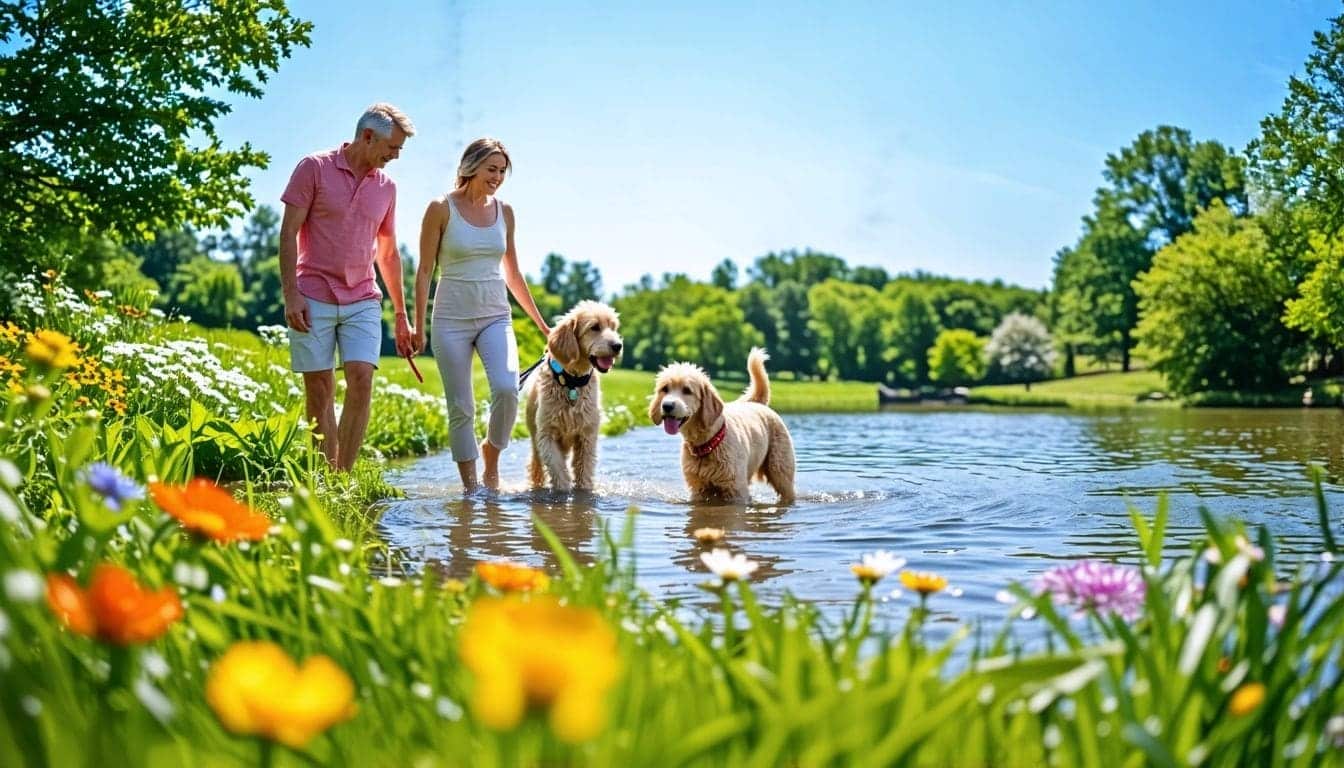 Een gezin geniet van een zonnige dag in het park met hun Labradoodle.