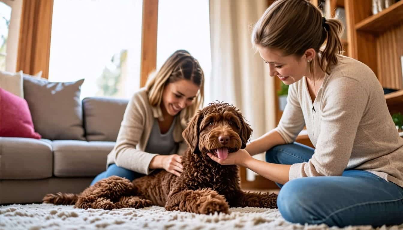 Een gelukkig gezin borstelt hun Australische Labradoodle in de gezellige woonkamer.