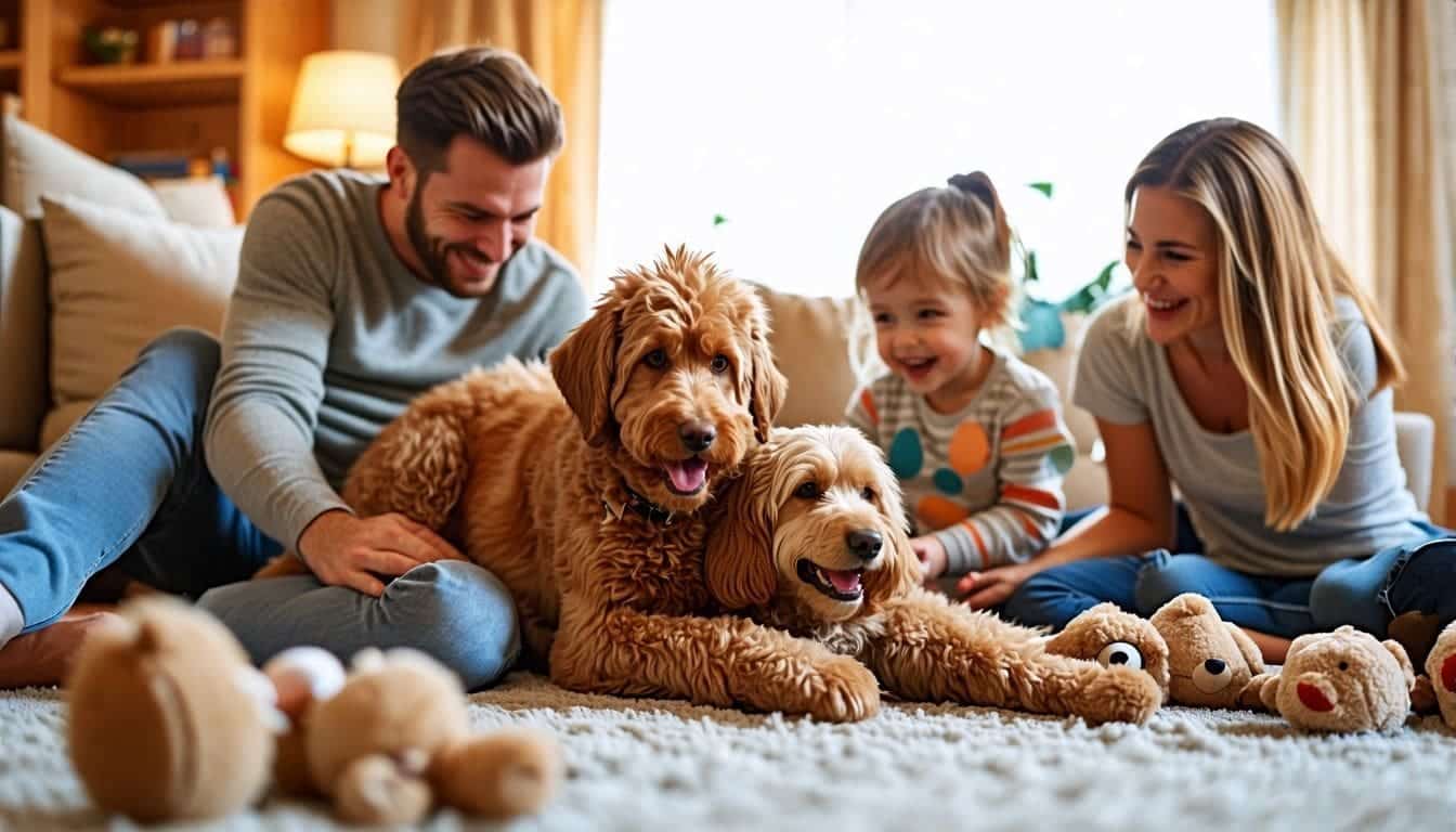 Een gelukkig gezin speelt met hun Labradoodle in de gezellige woonkamer.
