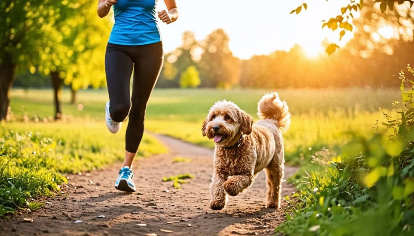 Een vrouw jogt met haar Labradoodle in het park, benadrukt de band tussen hen.