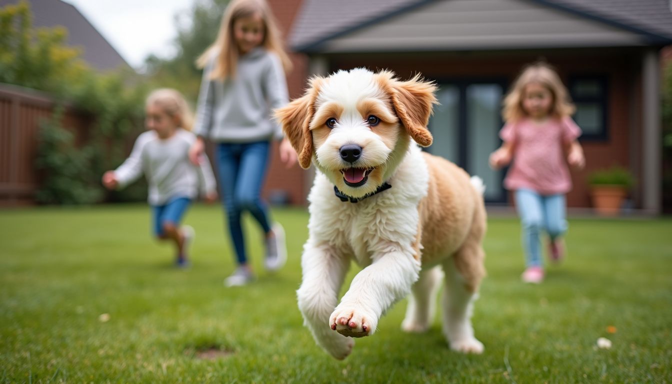 Een vrolijke Aussiedoodle speelt met een familie in de achtertuin.