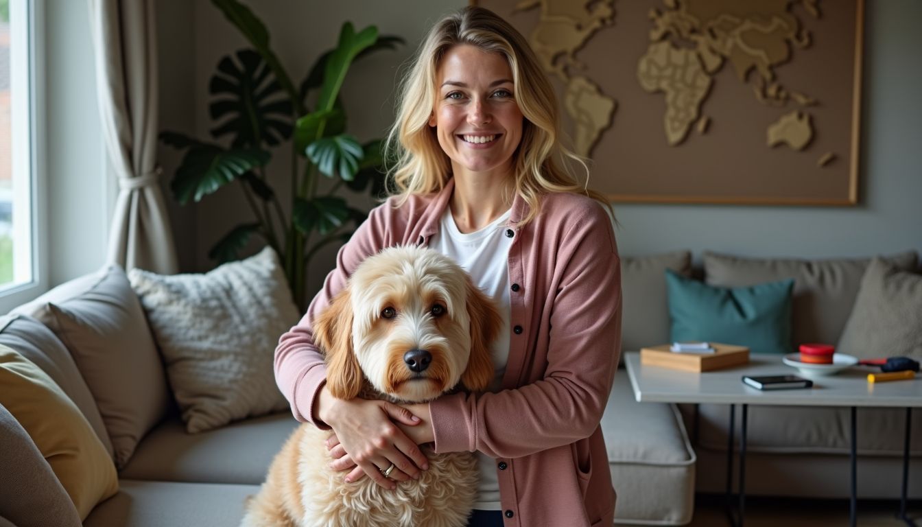 Een vrouw adopteert een Labradoodle en glimlacht in haar woonkamer.