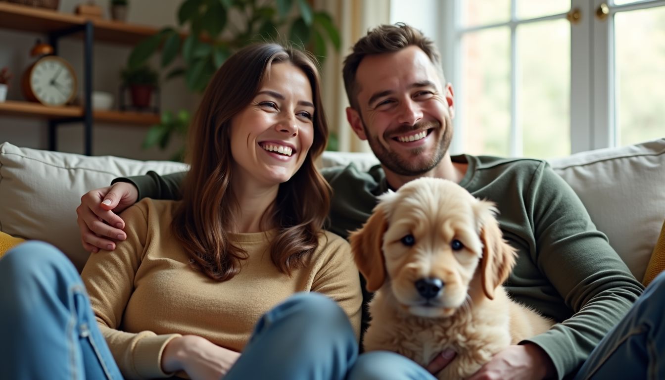Een gelukkig stel bedenkt unieke namen voor hun Labradoodle puppy.
