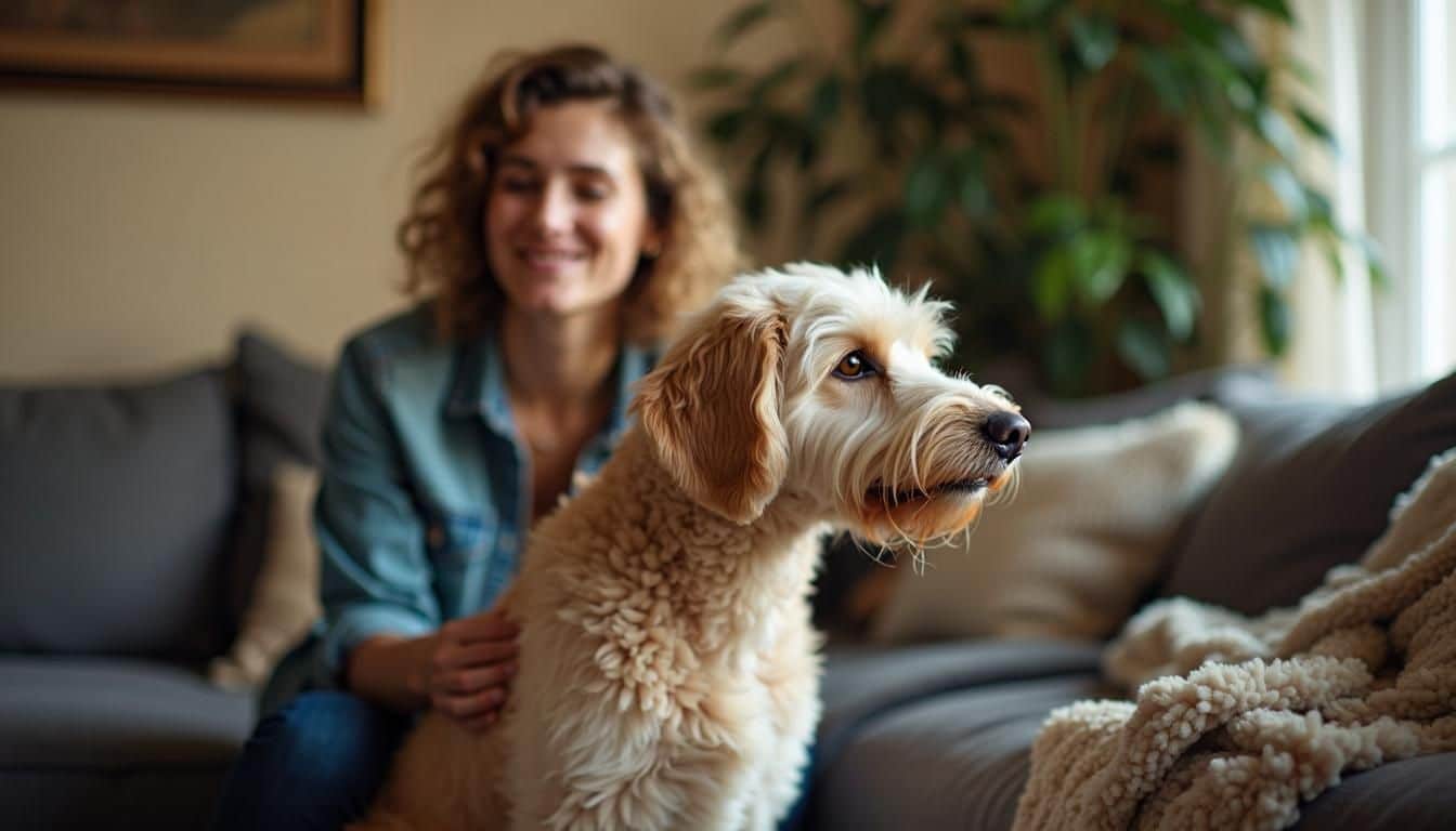 Een vrouw ontspant in de woonkamer met haar Labradoodle.