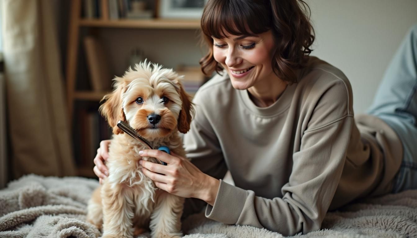 Een vrouw verzorgt een Aussiedoodle puppy in een gezellige kamer.