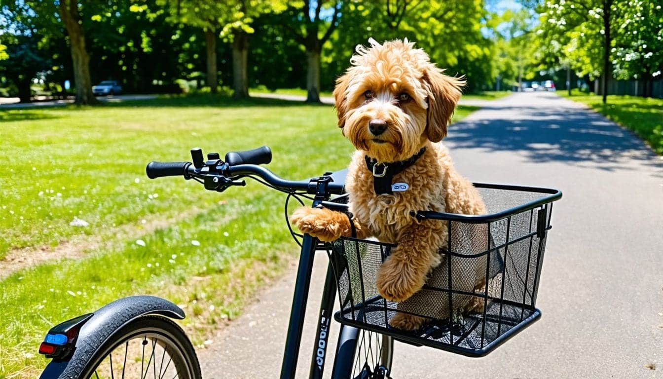 Een Labradoodle zit comfortabel in een fietsmandje, klaar voor een ritje.