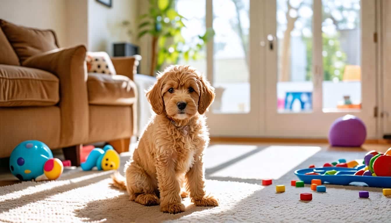 Een labradoodle puppy in een lichte en ruime woonkamer.