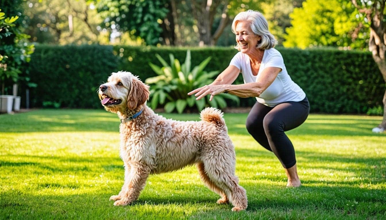 Een vrouw traint vrolijk haar Labradoodle in een ruime achtertuin.