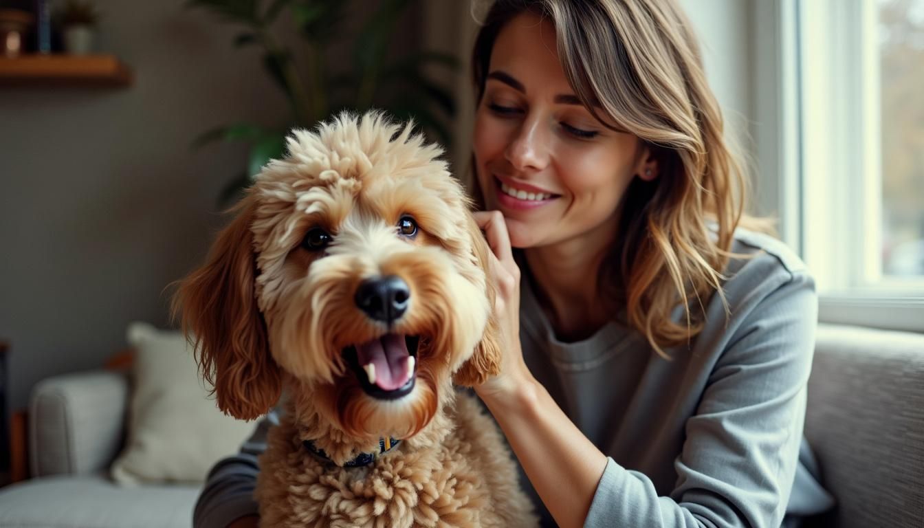 Een vrouw verzorgt een Aussiedoodle hond in een gezellige kamer.