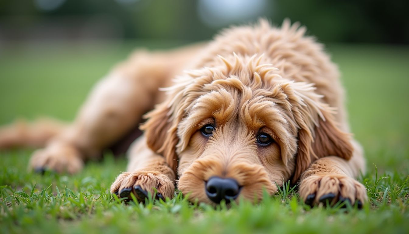 De vermoeide Labradoodle toont tekenen van uitputting en uitdroging door mogelijke ziekte van Addison.