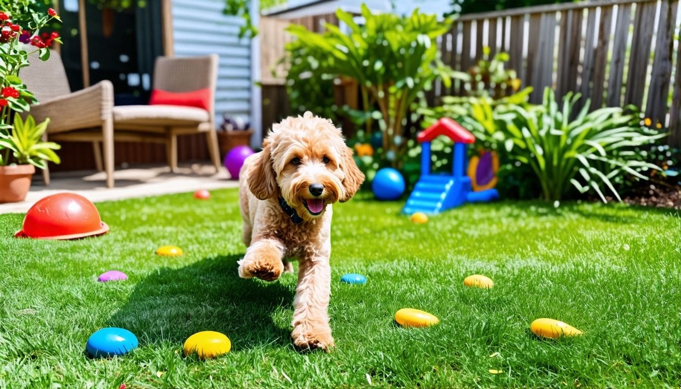 Labradoodle speelt mentaal stimulerend schatzoekspel in de achtertuin.