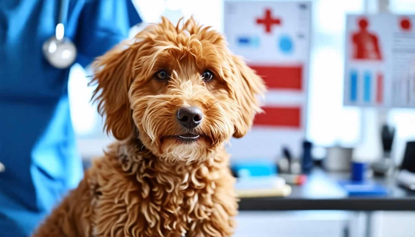 Een labradoodle krijgt een gezondheidscontrole bij de dierenarts.