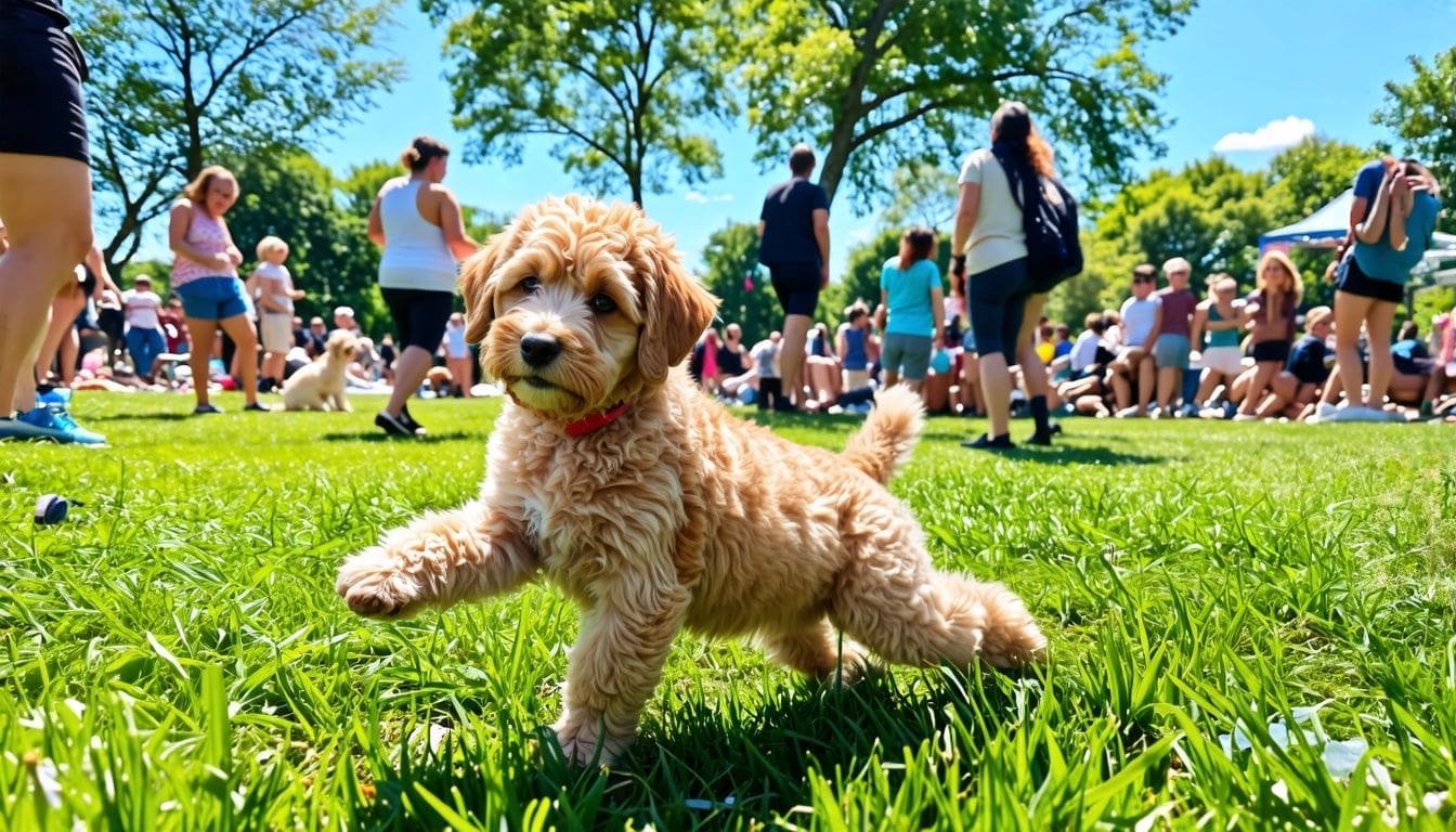 Een Labradoodle puppy speelt in een park vol diversiteit en activiteiten.