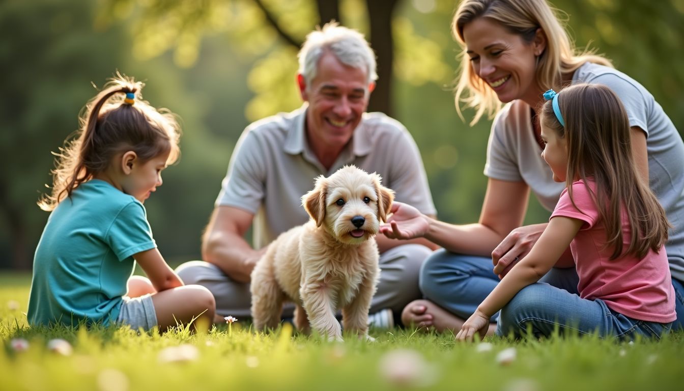 Een gezin dat hun jonge Aussiedoodle-puppy voorstelt aan kinderen en andere huisdieren in het park.