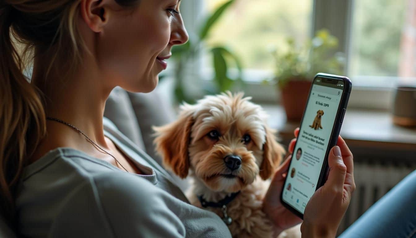 Een vrouw zoekt een nieuw thuis voor haar Cockapoo op een dierenopvang website.