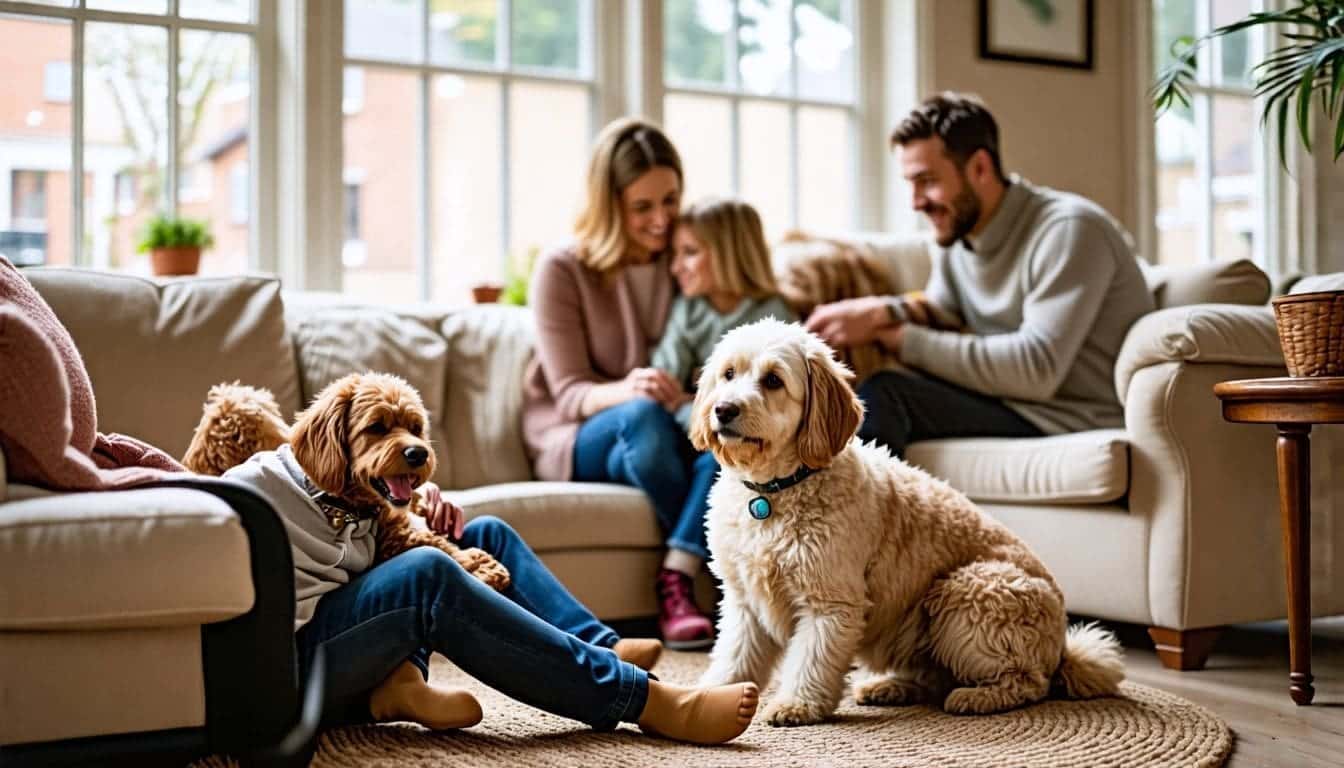Een gelukkig gezin met een vrolijke Labradoodle in hun gezellige woonkamer.