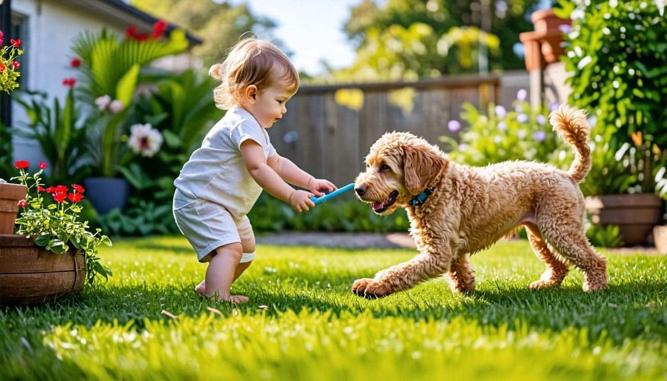 Een jong kind speelt met een Australische labradoodle in de achtertuin.