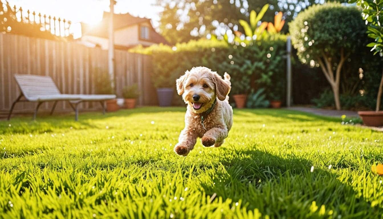 Een speelse Labradoodle met hypoallergene vacht speelt in ruime achtertuin.