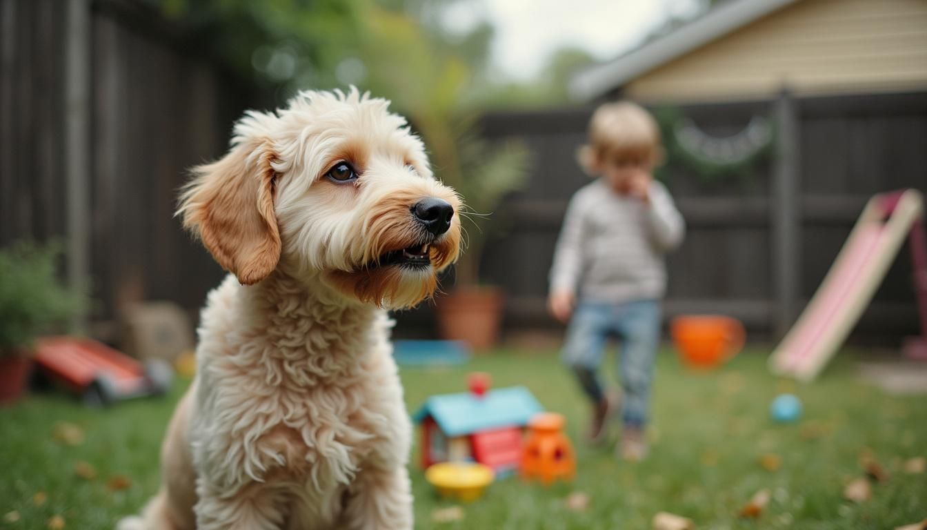 Een Aussiedoodle hond zit attent in de achtertuin terwijl een kind speelt.