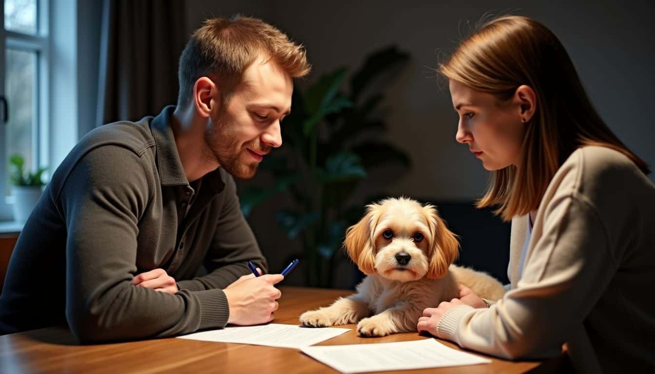 Een man en vrouw ondertekenen adoptiepapieren voor een Cockapoo.