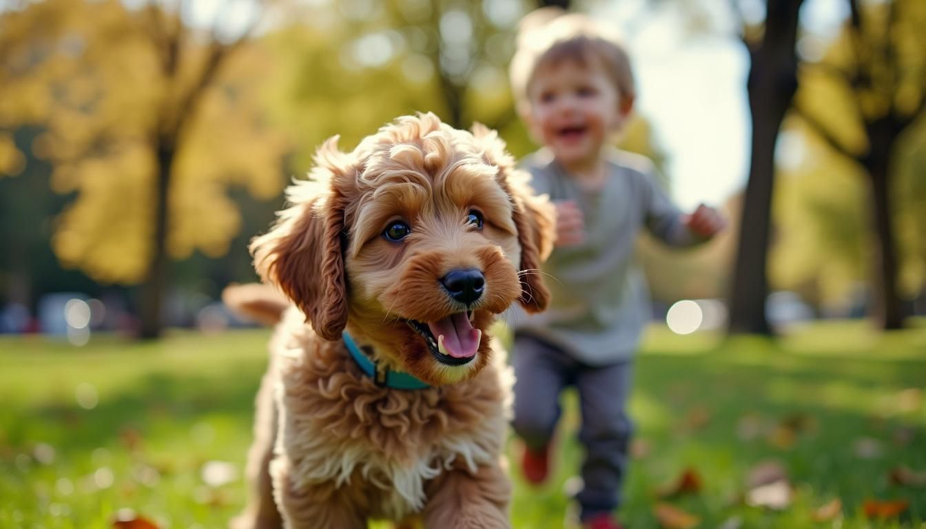 Een vrolijke Aussiedoodle puppy speelt met een kind in het park.