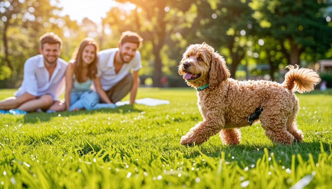 Een gezin geniet van een zonnige dag in het park met een speelse Australian Labradoodle pup.