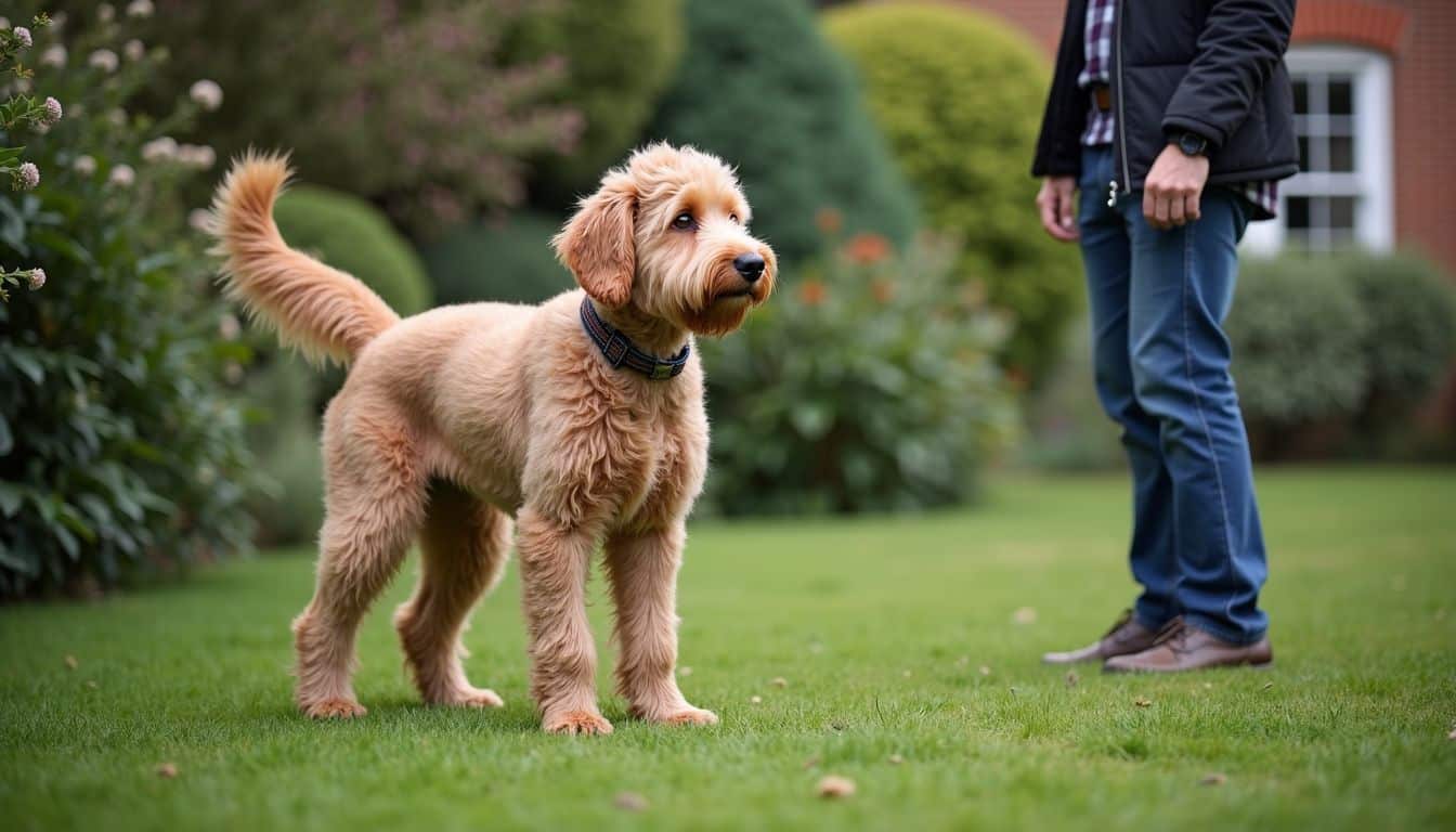 Een Labradoodle staat alert in de tuin, klaar voor paringsmogelijkheid.