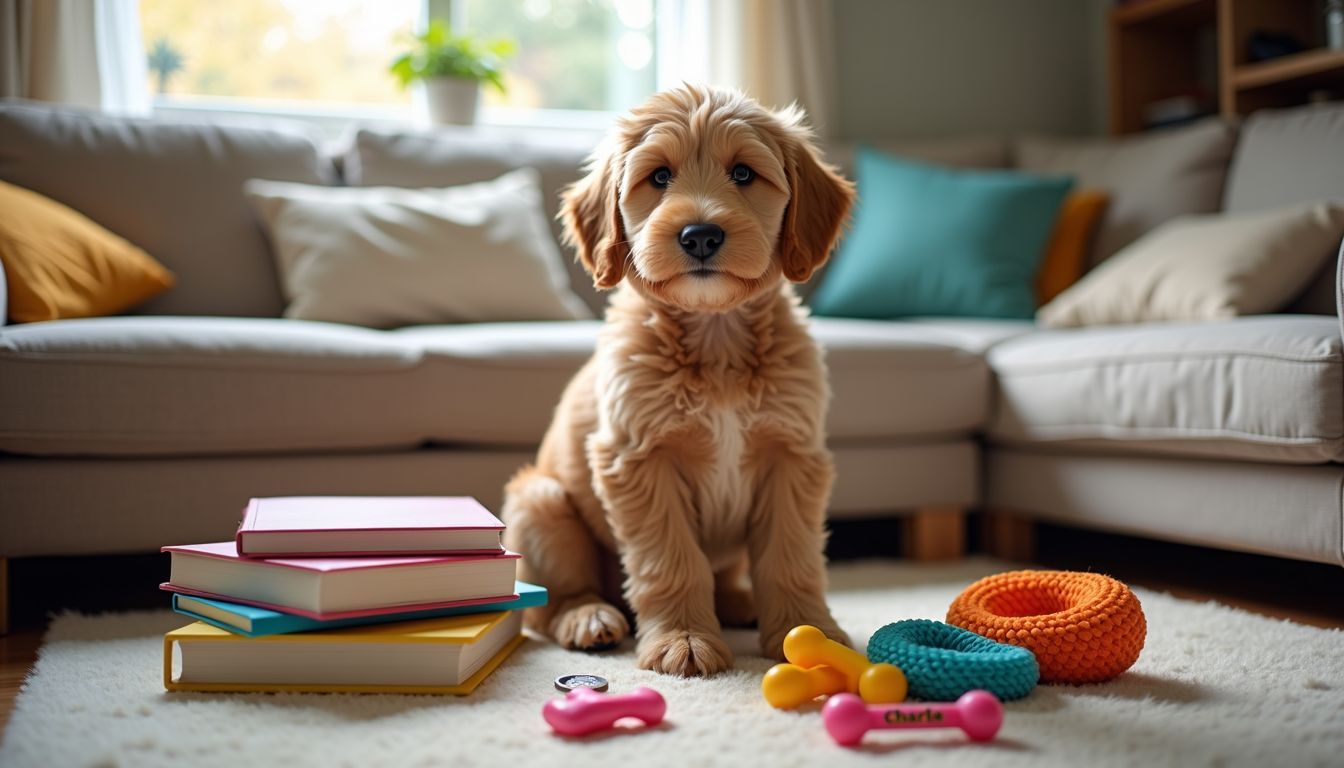 Een gezellige woonkamer met een Labradoodle puppy en hondenspeelgoed.
