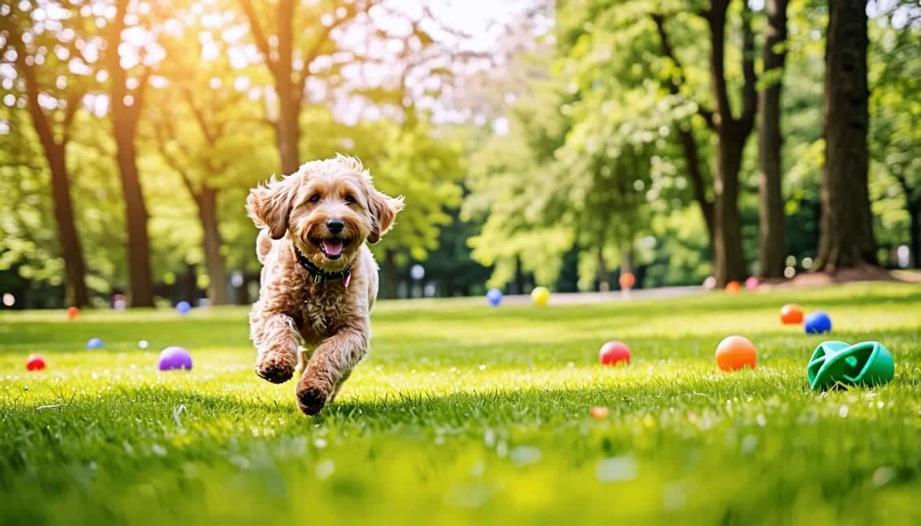 Een Labradoodle rent vrolijk door een ruim park met groen gras.
