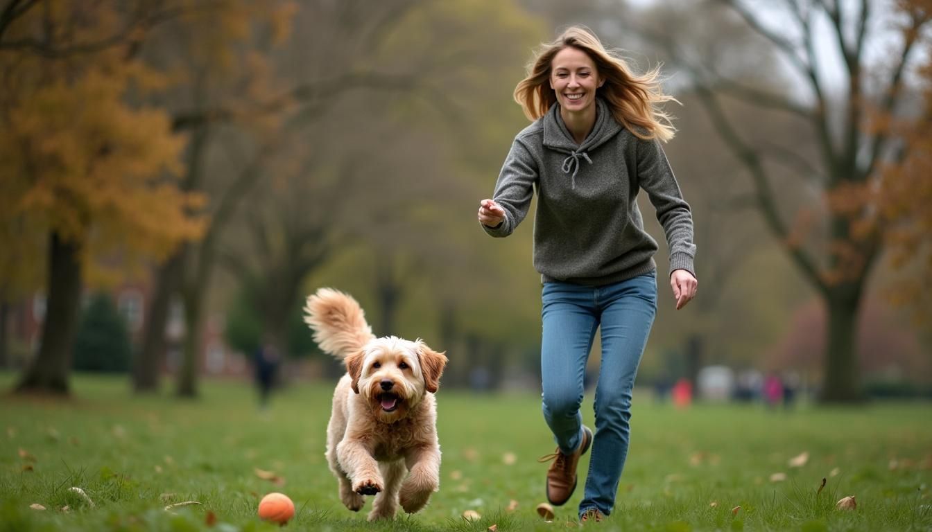 Een vrouw speelt fetch met haar Labradoodle in het park.