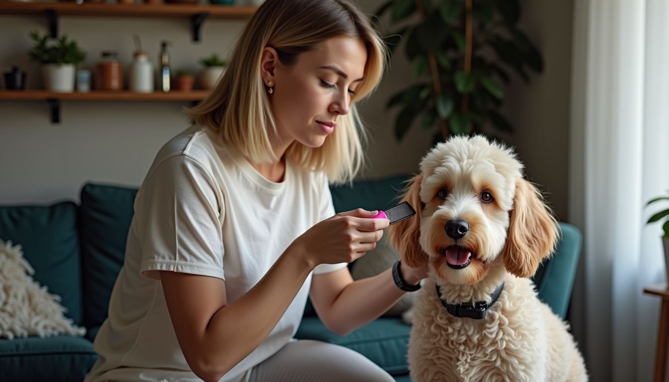 Een vrouw kamt haar Labradoodle in een gezellig huis.
