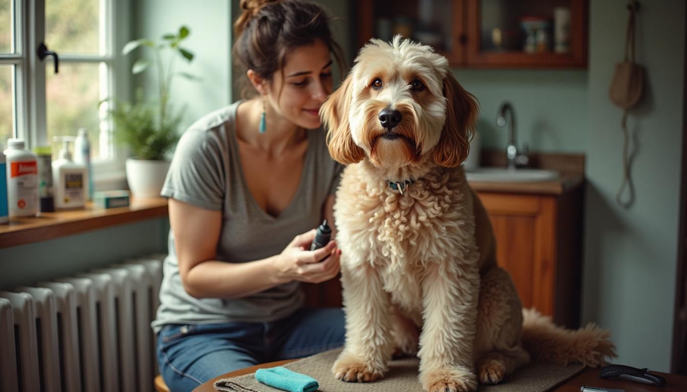 Een persoon verzorgt een Labradoodle in huiselijke omgeving.