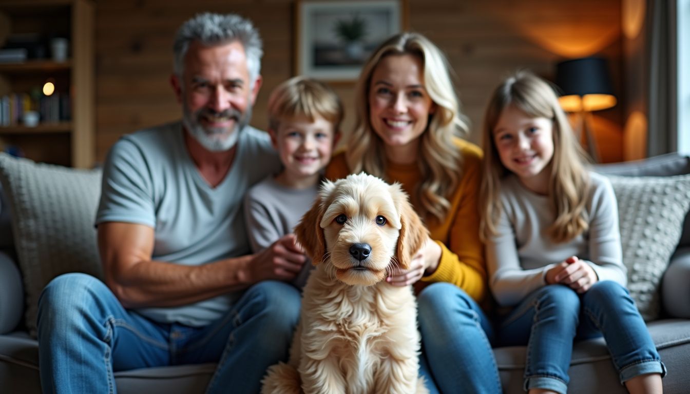 Een Nederlands gezin noemt hun nieuwe Labradoodle-puppy in de gezellige woonkamer.