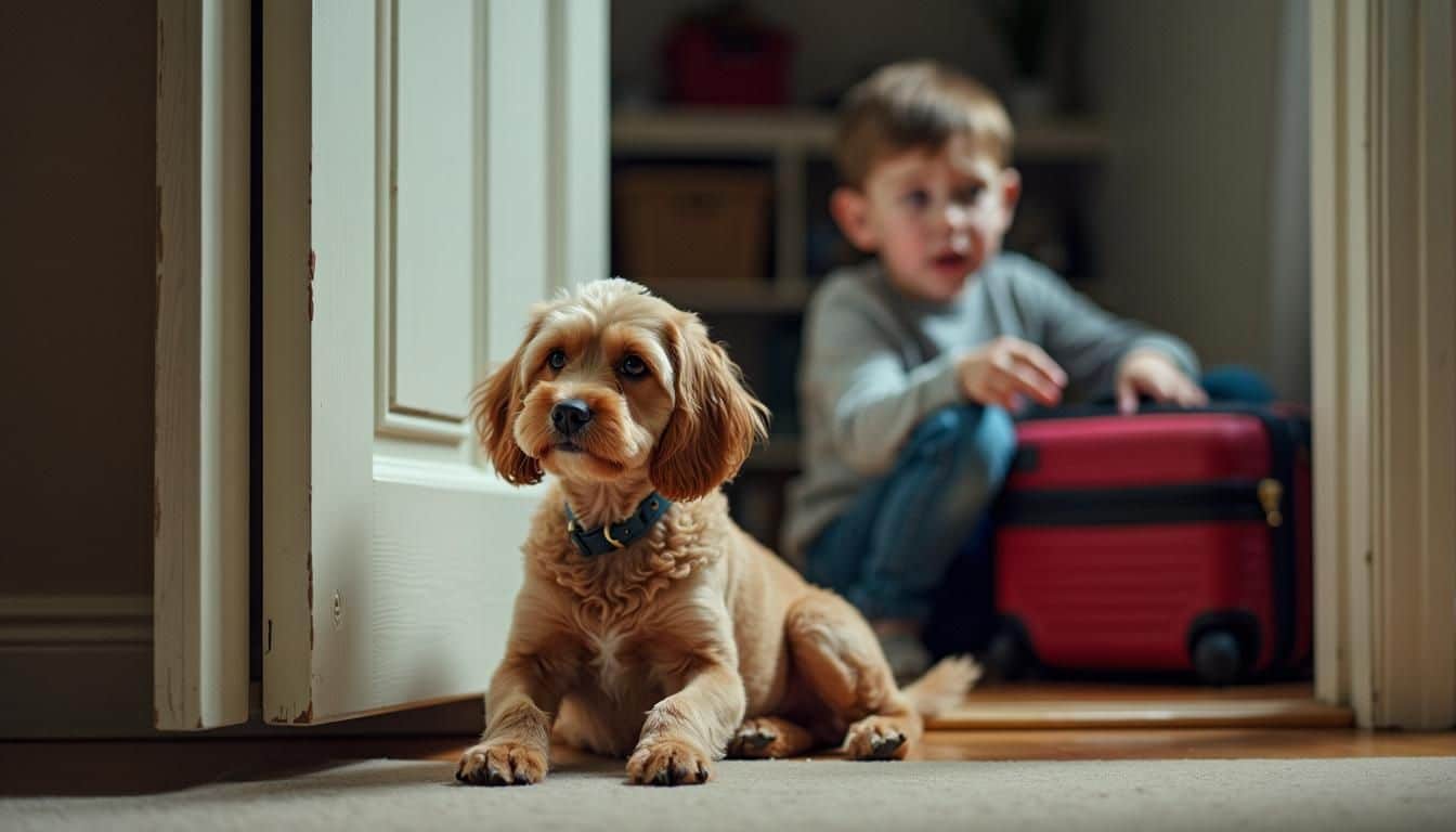 Een treurige hond kijkt toe terwijl een jongen zijn koffer inpakt.