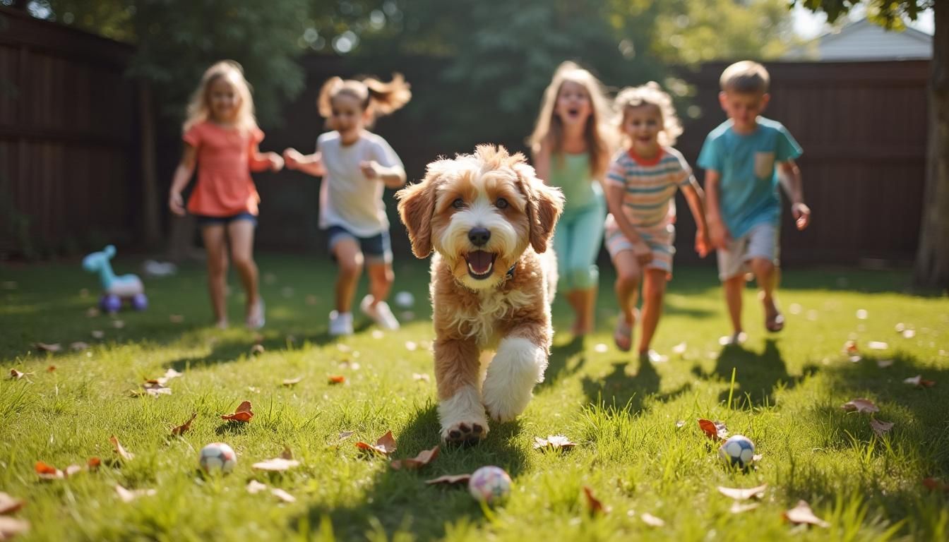 Een Aussiedoodle hond speelt met kinderen in een ruime achtertuin.