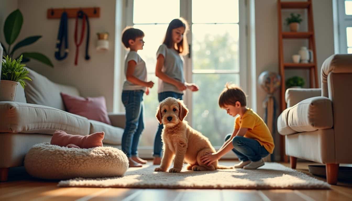 Een gezin bereidt hun huis voor op een nieuwe Labradoodle puppy.
