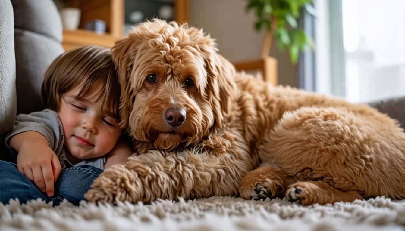 Een Labradoodle-therapie- en assistentiehond biedt troost aan een kind.