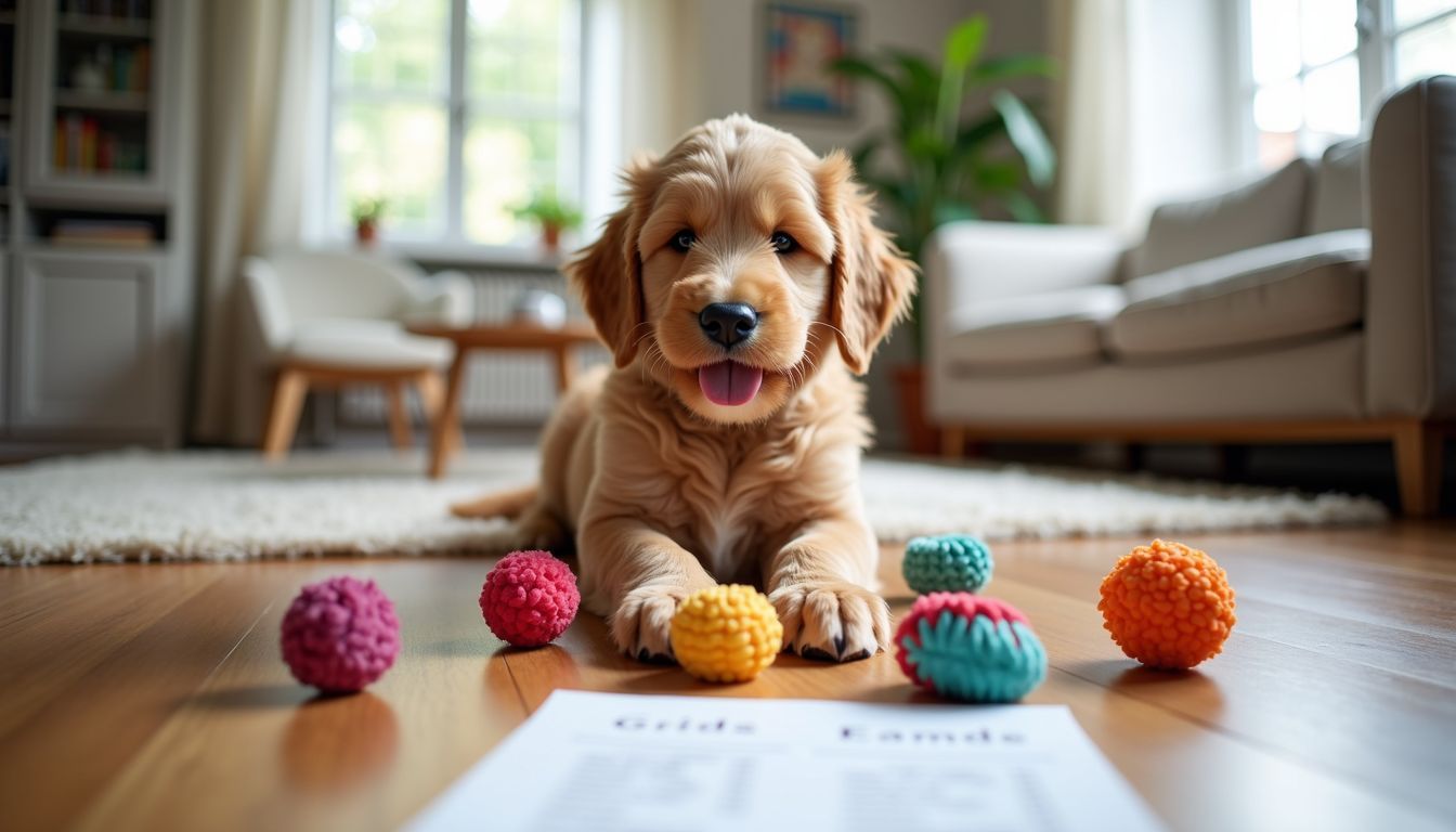 Een vrolijke Labradoodle-puppy speelt met speelgoed in een lichte woonkamer.