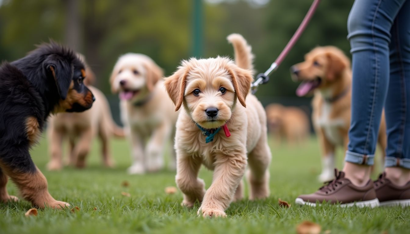 Een jonge Aussiedoodle puppy neemt deel aan gehoorzaamheidstraining in het park.