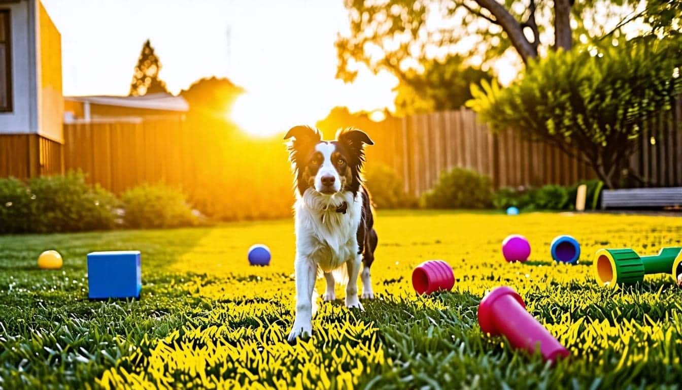 Een border collie speelt in de achtertuin met verschillende hondenspeeltjes.