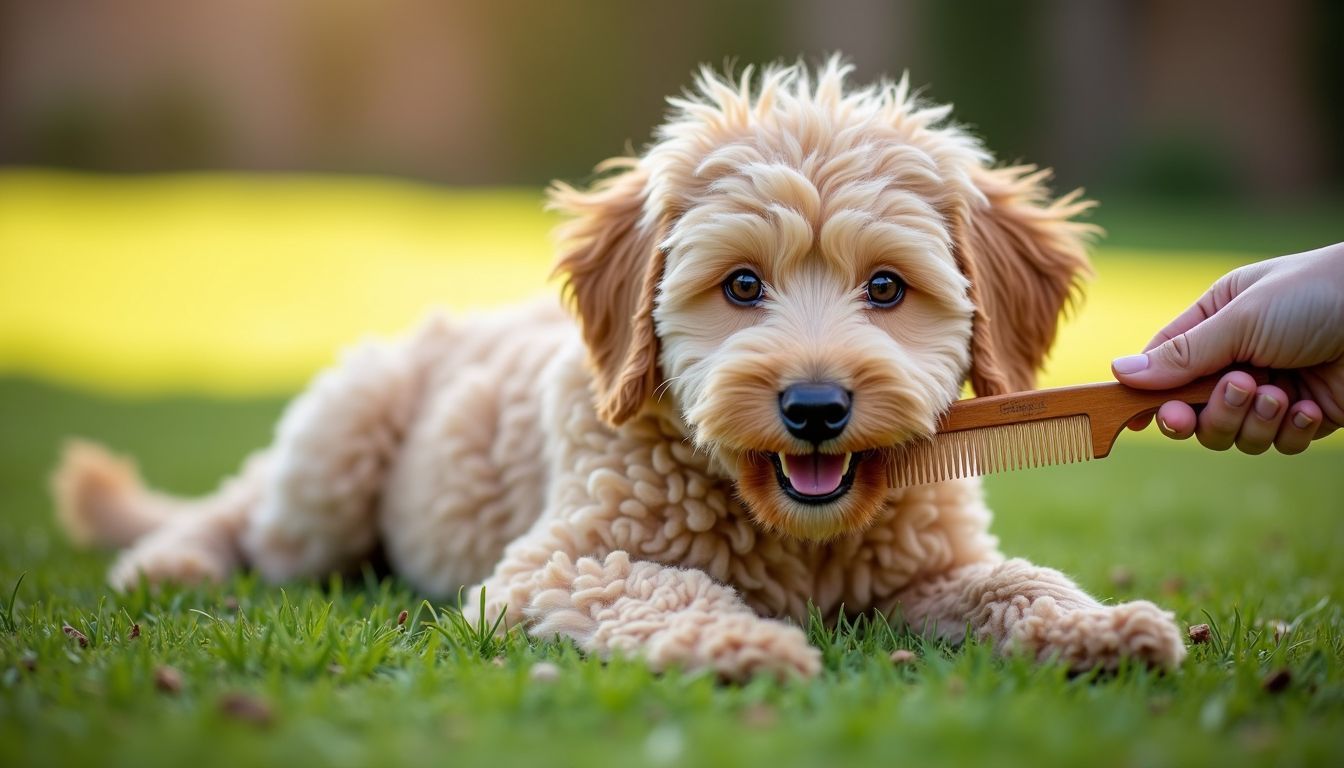 Een Aussiedoodle wordt geborsteld op een grasveld in de achtertuin.