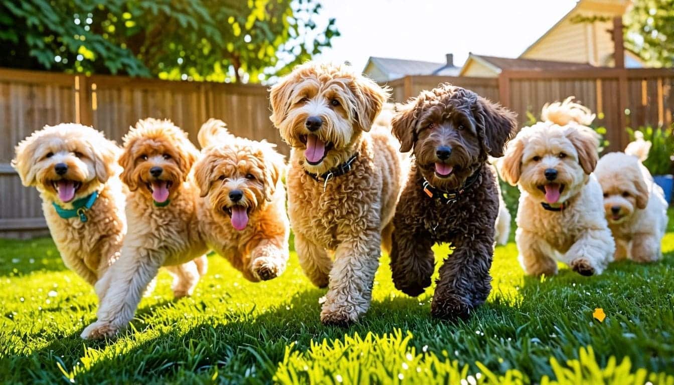 Een diverse groep Labradoodles speelt in een zonnige achtertuin.